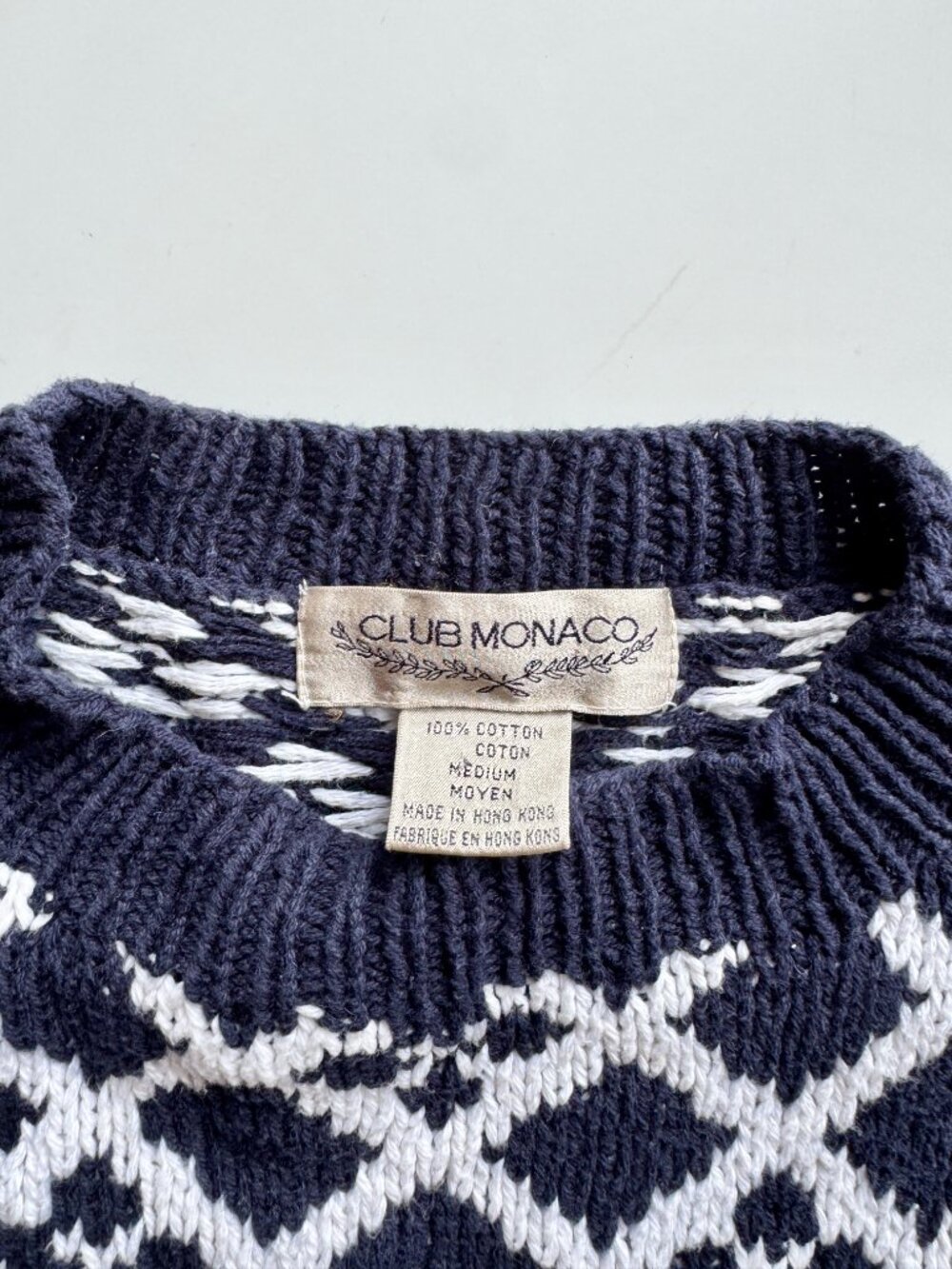 Vintage 80's CLUB MONACO Navy White Birds Eye 100% Cotton Knit Sweater, Size M - Picture 15 of 16